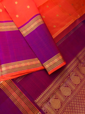 Kamakshi- Traditional Kanchivarams - the best of orange and purple broad borders Kanchivaram with stunning gold zari woven pallu